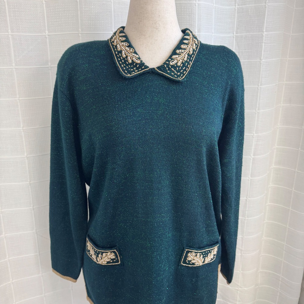 Vintage Jaclyn Smith Women's Teal Sparkle Knit Beaded Long Sleeve Sweater L